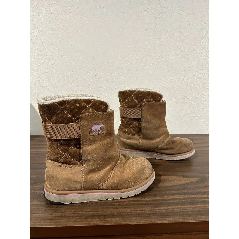 Sorel Rylee Boots Girls Sz 3‎ Waterproof Winter Suede Fleece Slip-on Brown Gold
